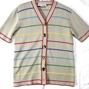Vintage Ami Knits Womens Sweater Cardigan Tan Stripes size 14 casual 80s 70s